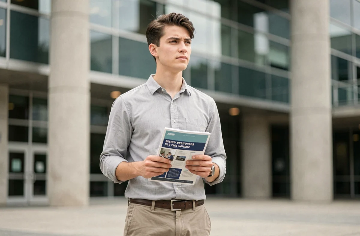 Jeune homme en prépa ECE devant un campus universitaire tenant une brochure d'école de commerce, envisageant des alternatives aux écoles d'ingénieurs
