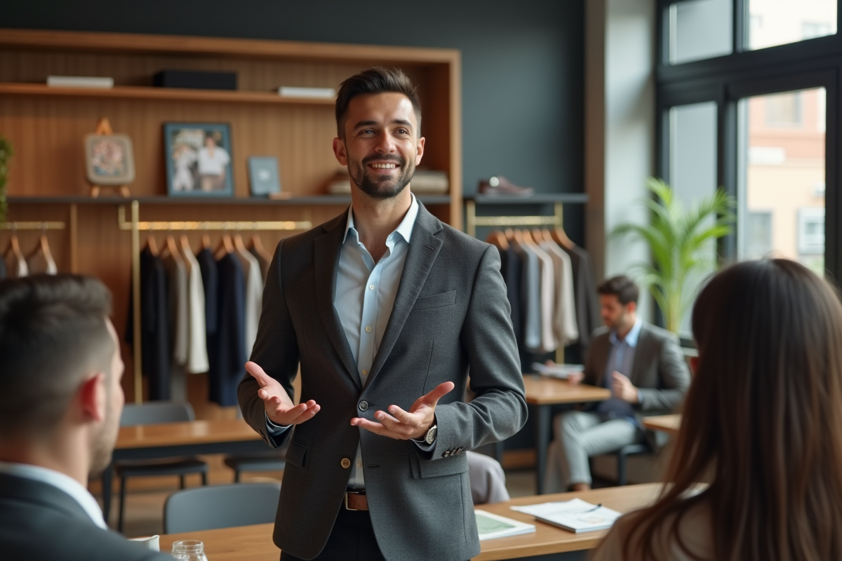 Jeune homme en costume présentant dans un studio de formation