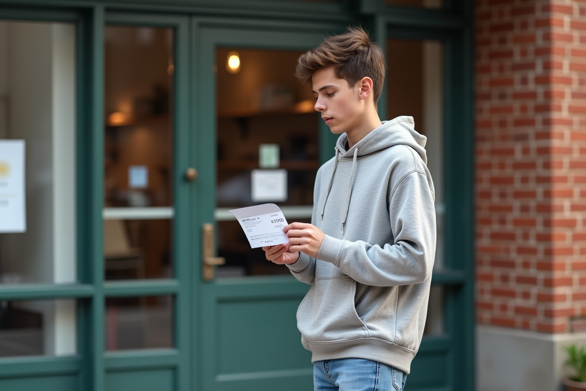 Adolescent découvrant un chèque de 500 euros devant un bâtiment