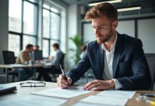 Jeune professionnel signant un contrat dans un bureau moderne