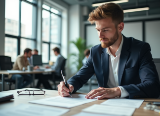 Jeune professionnel signant un contrat dans un bureau moderne