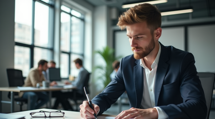 Jeune professionnel signant un contrat dans un bureau moderne