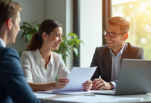 Jeune professionnel souriant discutant avec son employeur dans un bureau lumineux