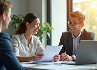 Jeune professionnel souriant discutant avec son employeur dans un bureau lumineux