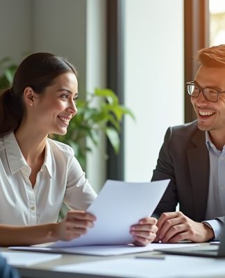 Jeune professionnel souriant discutant avec son employeur dans un bureau lumineux