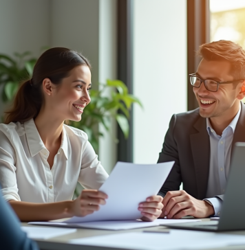 Jeune professionnel souriant discutant avec son employeur dans un bureau lumineux