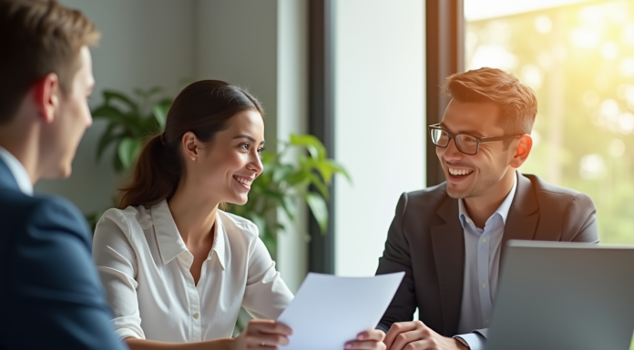 Jeune professionnel souriant discutant avec son employeur dans un bureau lumineux