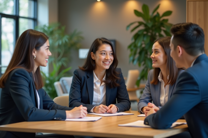 Trois jeunes managers en réunion dans un bureau moderne
