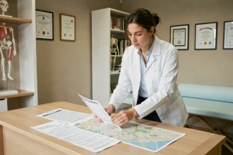 Kinésithérapeute belge consultant un tarif et une carte des villes pour comparer les prix d'une étude kiné en Belgique