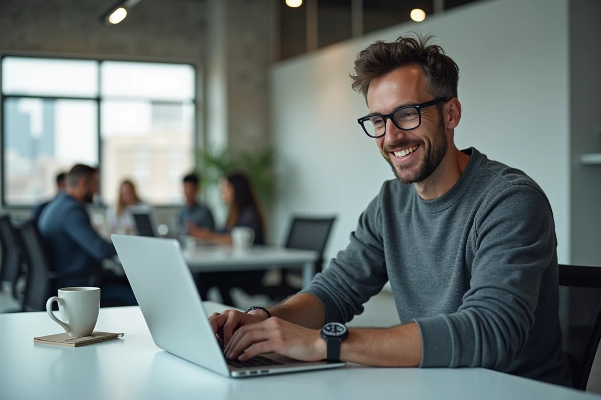 Homme en pull gris rédigeant un email de recommandation sur un ordinateur portable dans un bureau moderne en open space