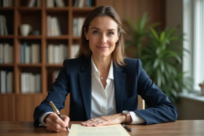 Femme professionnelle rédigeant une lettre de recommandation manuscrite avec un stylo plume sur du papier crème dans un bureau moderne