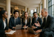 Photo d'un lobby d'hôtel élégant avec étudiants en réunion