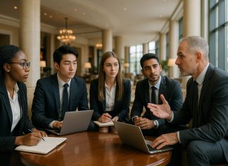 Les différentes voies pour se spécialiser en management hôtelier Photo d'un lobby d'hôtel élégant avec étudiants en réunion