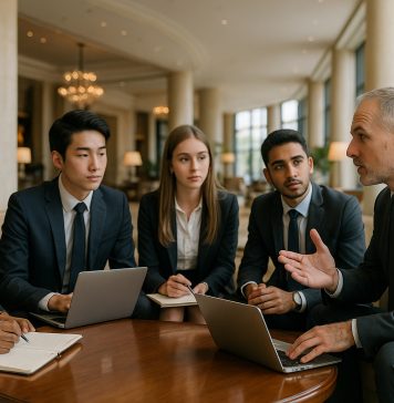 Photo d'un lobby d'hôtel élégant avec étudiants en réunion