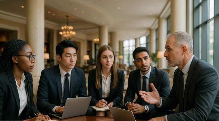 Photo d'un lobby d'hôtel élégant avec étudiants en réunion