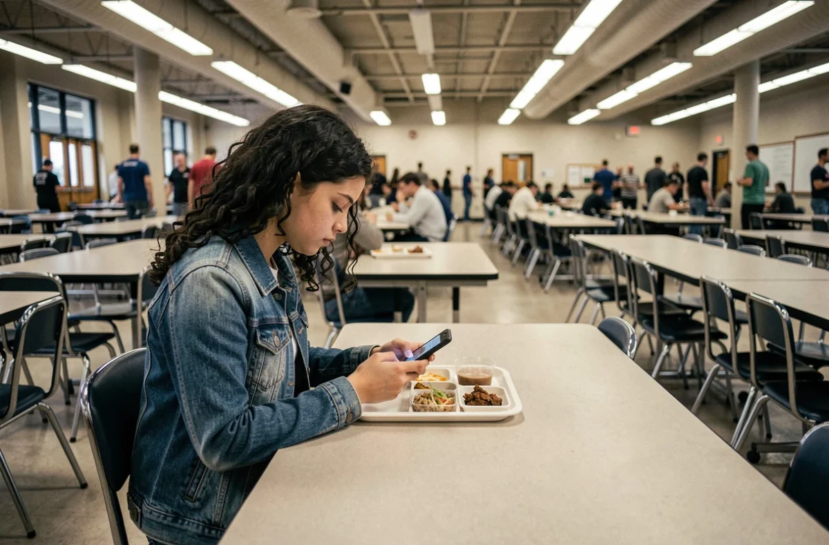 Adolescente seule dans une immense cafétéria de lycée, illustrant le sentiment d'isolement et de déshumanisation dans les très grands établissements scolaires