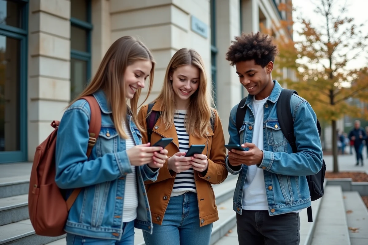 Groupe de lycéens consultant l'actualité scolaire sur smartphone devant l'entrée de leur établissement