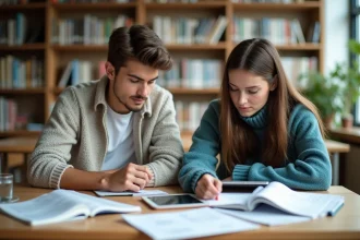 Deux lycéens en bibliothèque étudiant leurs notes
