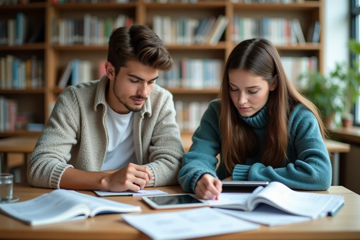 Deux lycéens en bibliothèque étudiant leurs notes