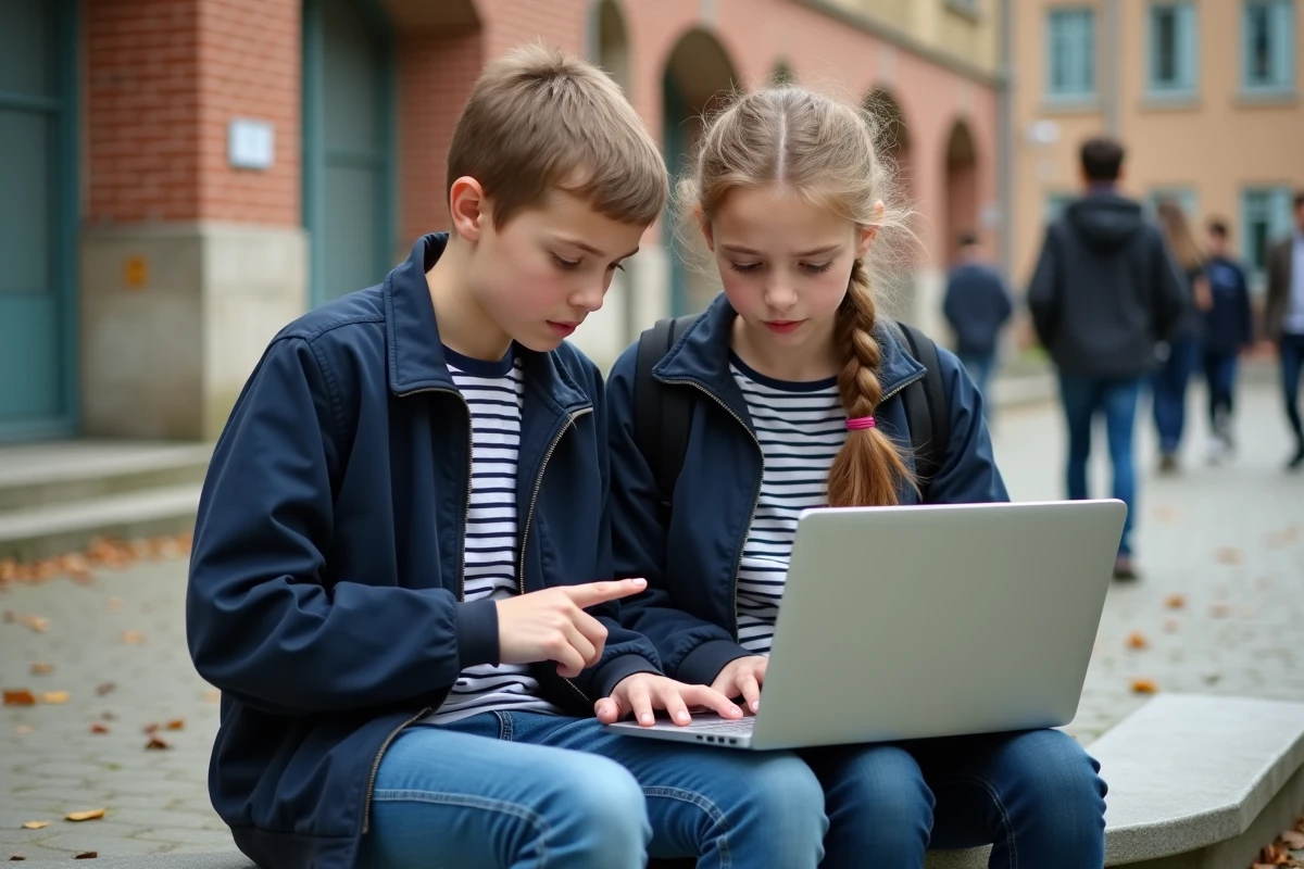 Deux lycéens consultant un ordinateur portable dans la cour d'école face à un problème de connexion ENT Auvergne