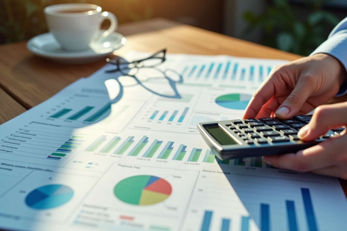 Mains tenant rapports financiers et calculatrice sur bureau