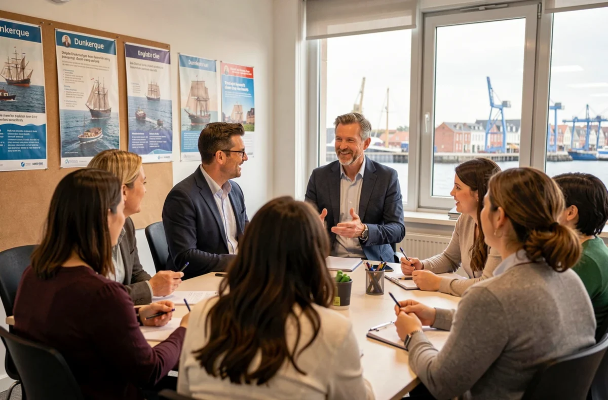 Les frères Marmignon animant un atelier d'anglais en groupe à Dunkerque avec des apprenants adultes