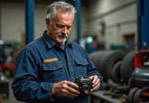 Mécanicien homme en salopette examine un moteur dans un atelier
