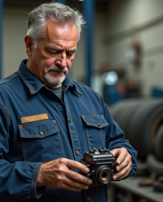 Mécanicien homme en salopette examine un moteur dans un atelier