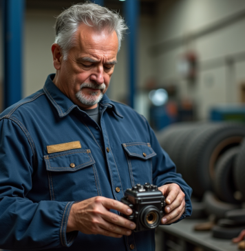 Mécanicien homme en salopette examine un moteur dans un atelier