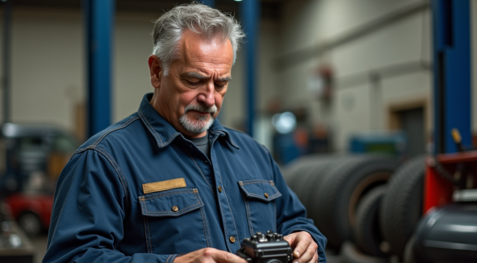 Mécanicien homme en salopette examine un moteur dans un atelier