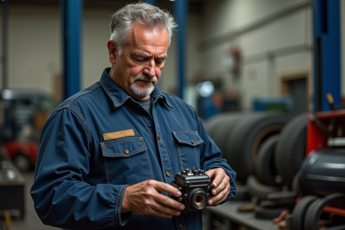 Mécanicien homme en salopette examine un moteur dans un atelier