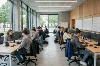 Étudiants en informatique travaillant dans une grande salle informatique moderne dans le Rhône