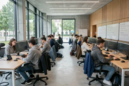 Étudiants en informatique travaillant dans une grande salle informatique moderne dans le Rhône