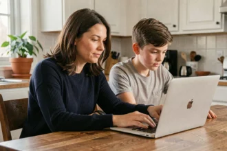 Une mère et son fils adolescent naviguent ensemble sur le portail éducatif edu Normandie depuis un ordinateur portable à la table de cuisine