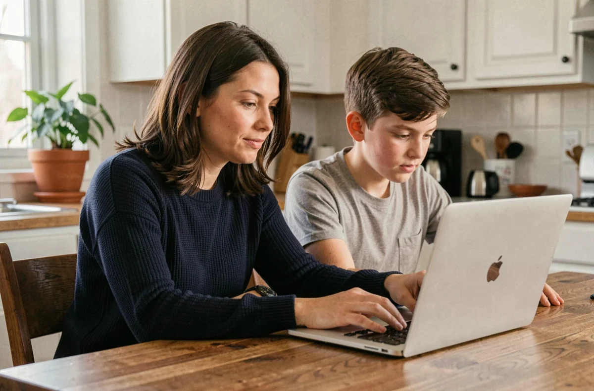 Une mère et son fils adolescent naviguent ensemble sur le portail éducatif edu Normandie depuis un ordinateur portable à la table de cuisine