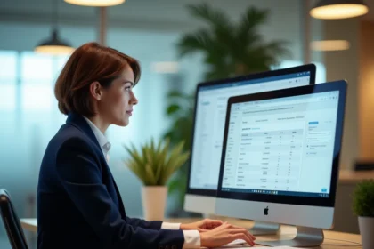 Une responsable informatique examine un tableau de bord de migration logicielle sur deux écrans dans un bureau moderne lors de la transition vers ELGEAWEB Connexion v3