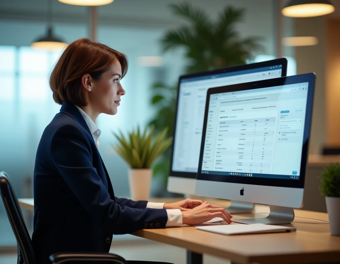 Une responsable informatique examine un tableau de bord de migration logicielle sur deux écrans dans un bureau moderne lors de la transition vers ELGEAWEB Connexion v3
