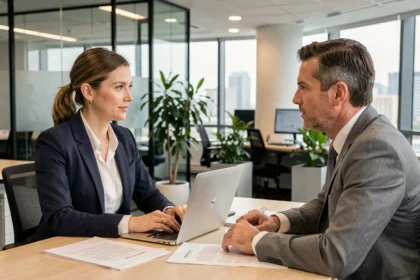 Employée en blazer marine négociant les prix d'une formation BTP avec son employeur dans un bureau moderne