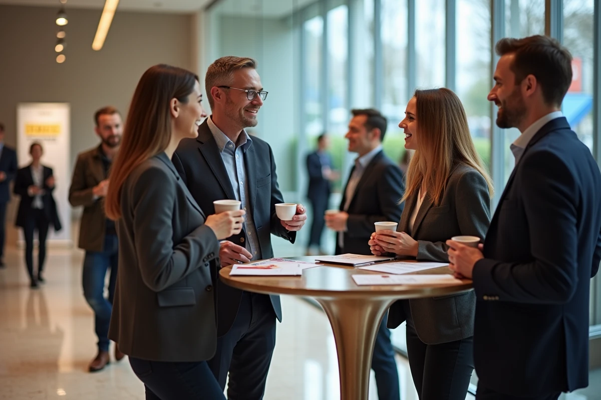 Session de networking lors d'une conférence marketing digitale à Paris, des professionnels échangent autour d'un café dans le hall d'un espace événementiel moderne