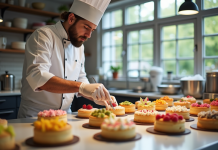 Chef pâtissier décorant des gâteaux colorés dans une cuisine lumineuse