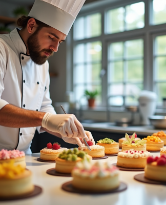 Chef pâtissier décorant des gâteaux colorés dans une cuisine lumineuse