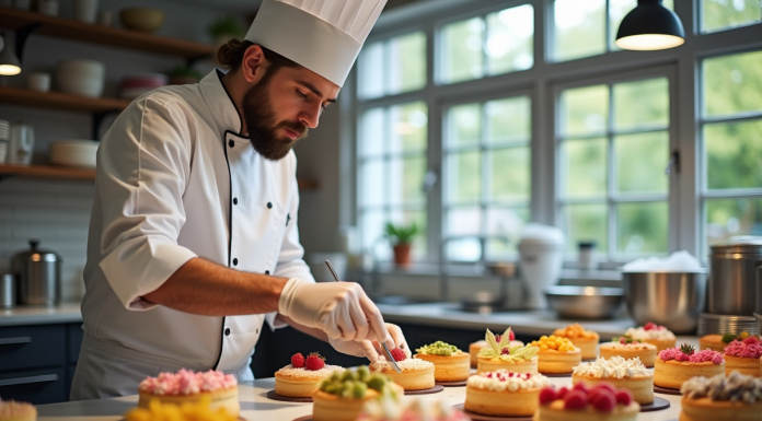 Chef pâtissier décorant des gâteaux colorés dans une cuisine lumineuse