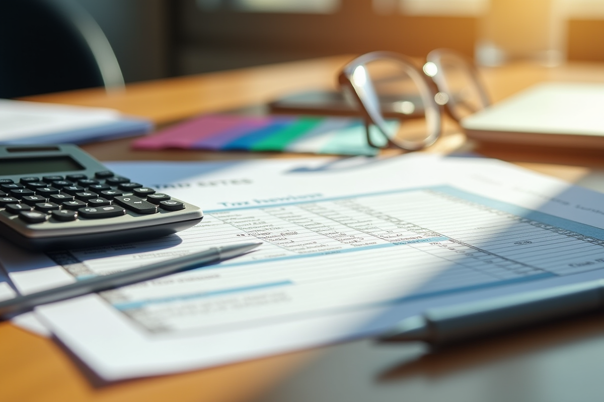 Pile de formulaires fiscaux avec calculatrice et stylos