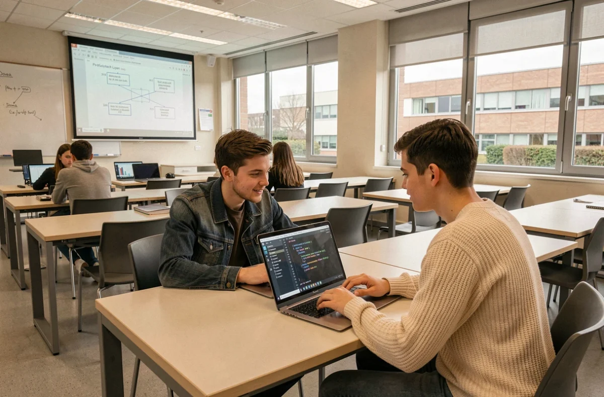 Deux étudiants de Polytech Lyon collaborant sur un projet informatique en salle de cours