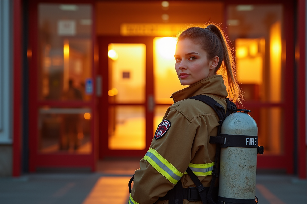 Pompière en uniforme devant la caserne lors du coucher de soleil