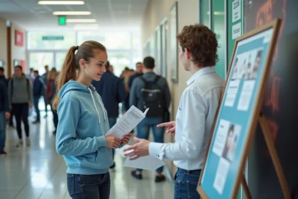 Lycéenne consultant une brochure d'orientation lors des portes ouvertes d'un lycée français