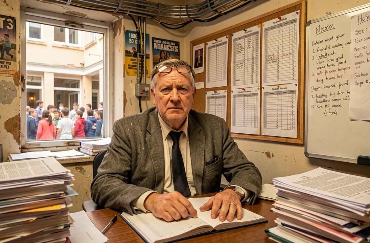 Enseignant épuisé dans un bureau encombré de copies face à une liste d'élèves interminable, témoignant de la surcharge des professeurs dans les lycées surdimensionnés