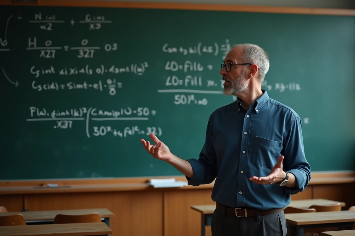 Professeur de mathématiques expliquant les formules trigonométriques sin a cos b au tableau noir