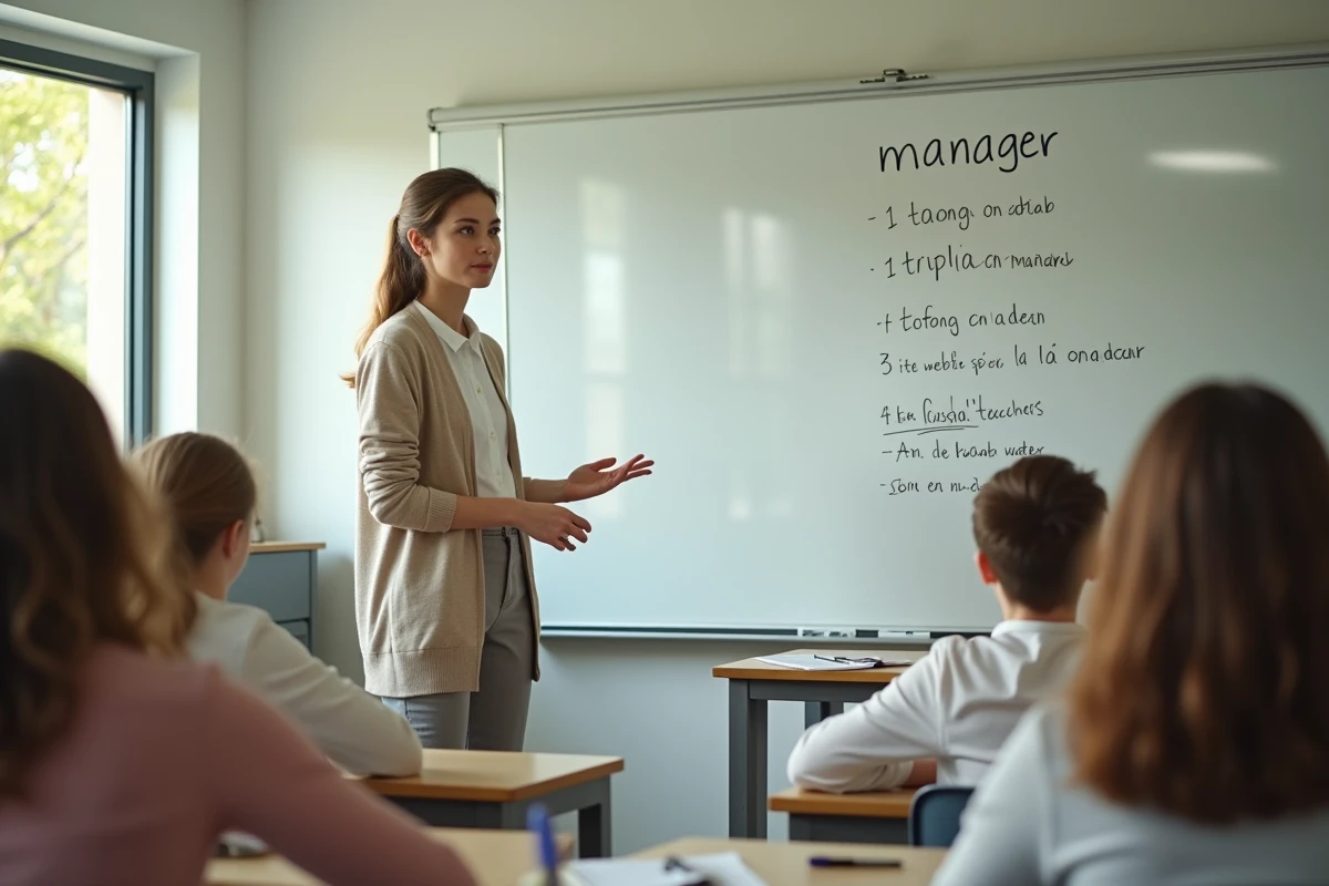 Jeune professeure devant tableau conjugaisons passé simple