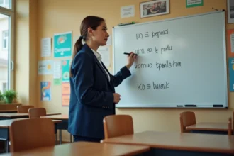 Professeure de espagnol écrivant la conjugaison du passé simple du verbe tener au tableau blanc dans une salle de classe